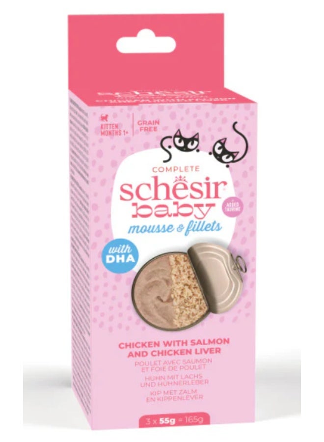 Schesir Baby Mousse & Fillets – Chicken with Salmon & Chicken Liver – Grain-Free Complete Food for Kittens 1 Month+ – 3 × 55 g (165 g) - Image 1